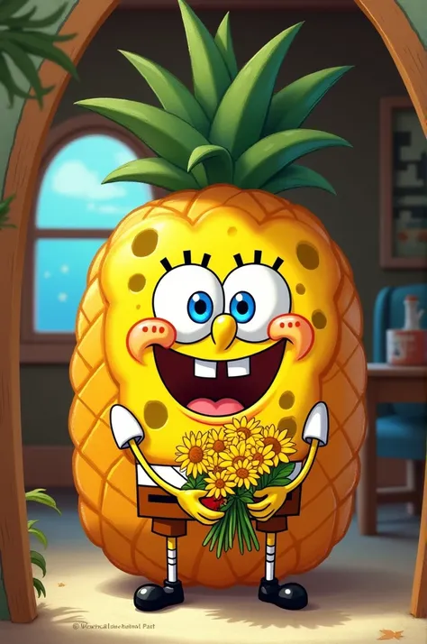 Spongebob holding yellow flowers in the pineapple house in animated form