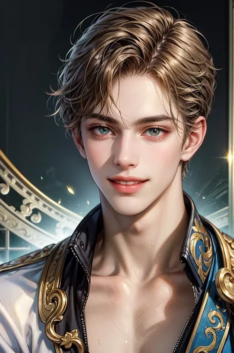 Portrait of the highest quality - 1 boy., 17 years, teenage, character from chronicles of Narnia, short hair, with golden eyes, big eyes, lake, Solo-focal facial treatment for teenagers, shirtless , Beautiful, smiling, dynamic pose, detailed and correct fa...