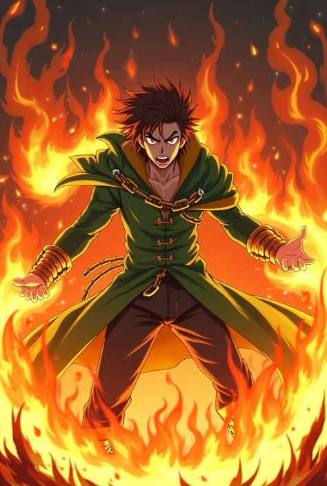 generate me an image, se baseando no personagem NAOFUMI IWATANI do anime TATE NO YUUSHA, holding chains of fire, make him be surrounded by fire and he needs to look angry, as if his power was at the highest possible level, He has brown hair and a long-slee...