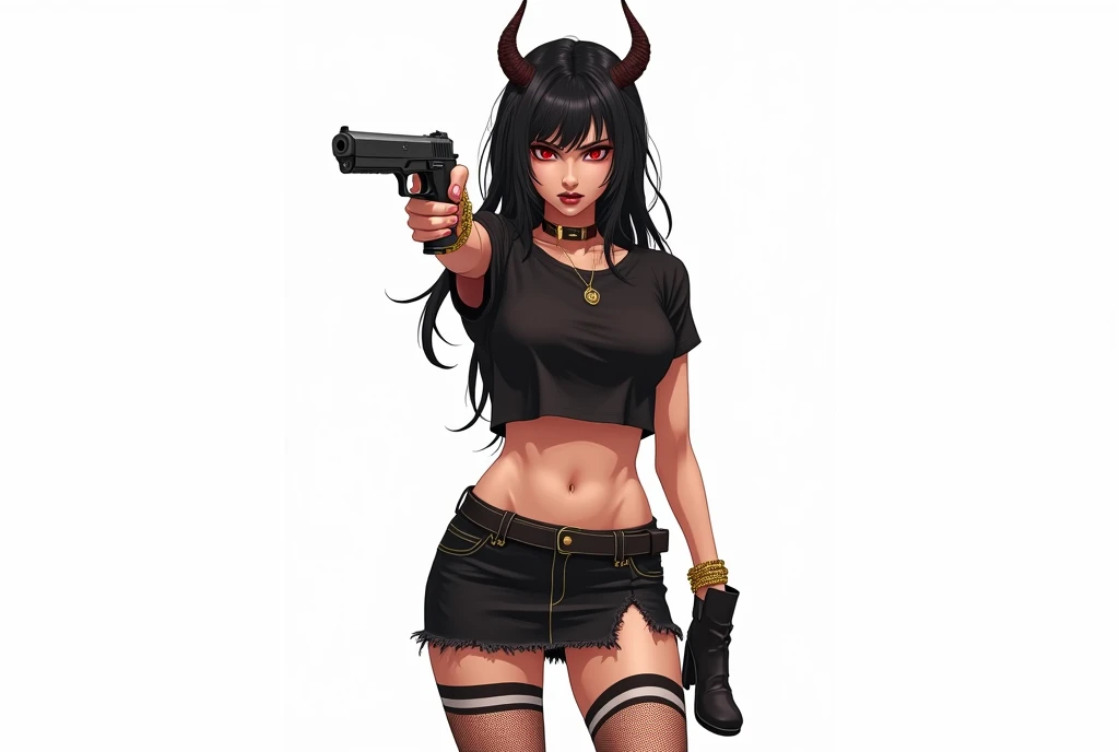 make it in anime style and with a white background,a beautiful woman with horns, red eyes, black hair, pele morena, wearing a black t-shirt that shows her belly, a short skirt, a pair of gold bracelets, and wearing striped fishnet stockings, she wears a bl...