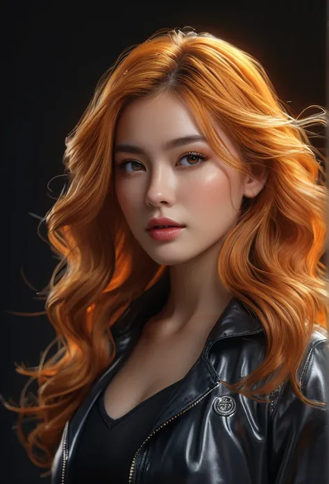 A full body image of A girl made of contour of light, density of contour, fiery orange blonde hair_Messy and thick waves, Trend, Maximal, Random outfit, contour of light, jewel_particle, light_contour, light, light particle, (Best quality,4K,8k,High resolu...