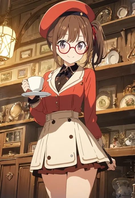 1girl,, brown hair,black eyes, ((red round eyewear)), side ponytail,smile, blushful, (beret), mini skirt, zettai ryouiki,

BREAK
 antique store, holding tea cup,

BREAK
((best quality, high resolution)), (delicate illustration), (pastelcolor style illustra...