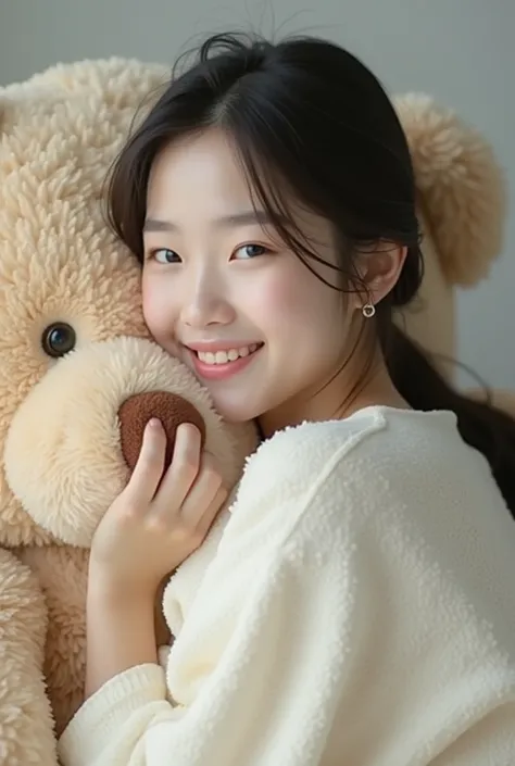 Korean girl lying on cute teddy bear and smiling modeling photo