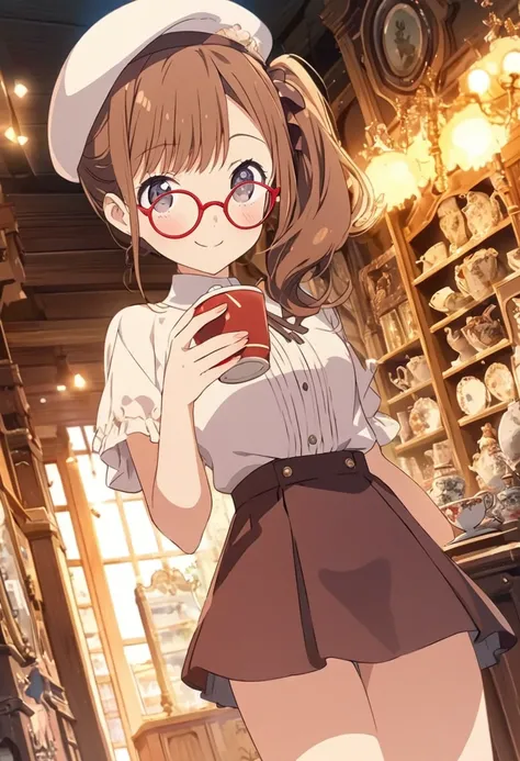 1girl,, brown hair,black eyes, ((red round eyewear)), side ponytail,smile, blushful, (beret), mini skirt, zettai ryouiki,

BREAK
 antique store, holding tea cup,

BREAK
((best quality, high resolution)), (delicate illustration), (pastelcolor style illustra...