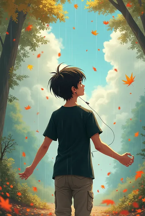 Leaves fall, hearts shift too,Rain and clouds 
hush to spring’s bright bloom—
Cycles of our love, boy
In nature and clothes are black t-shirt dance, we find,
Emotions flow with the seasons.  and hair style is simple and sunshine come  sad but it a play mus...