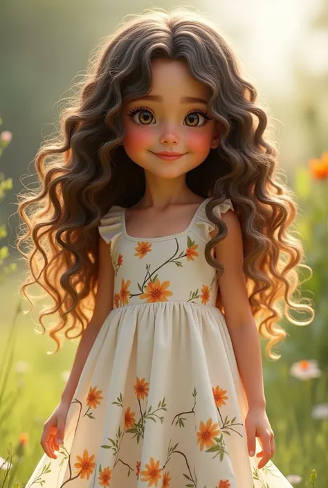 your curly hair is long, They start out brown and get lighter as they fall down your shoulders., until you reach blonde. He looks about ten years old., She wears a white, flowery, flared dress and has a mischievous smile.