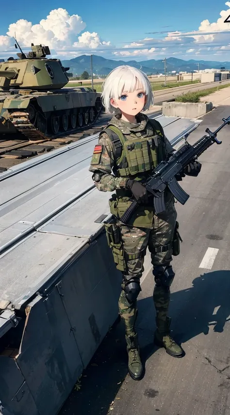 ((top quality)),((masterpiece)),((perfect face)),(ultra-detailed), ultra high res, 8k, ((military girl, petite girl, petite, Blue Eyes, drooping eyes, camouflage Helmet, camouflage jacket, camouflage pants, armor, body armor, military gloves, military boot...