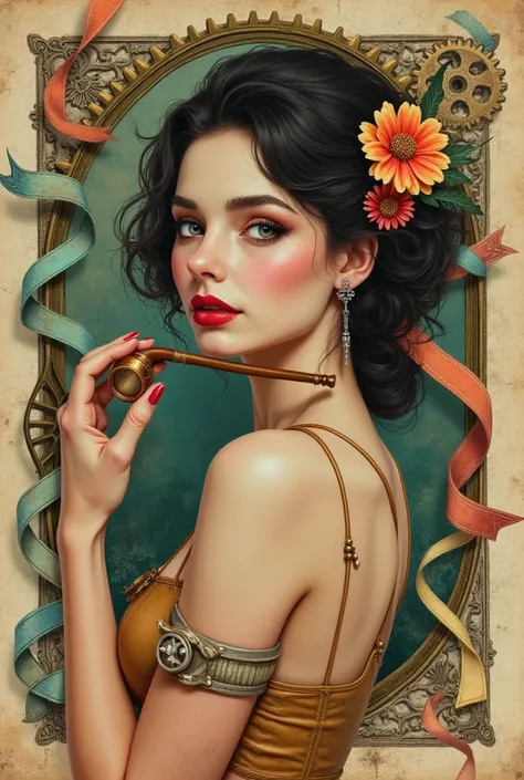 Charlie Bowater&#39;s realistic lithograph portrait of a woman, flower, [Gear], pipe, Dieselpunk, Multicolored ribbons, Old paper texture, Very detailed