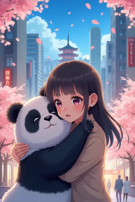 A girl hugging a panda, anime style in japan city