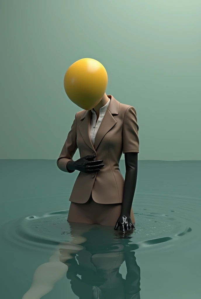 Woman tie yellow ball head brown suit black glove stomach ache in water one arms 3d rendering