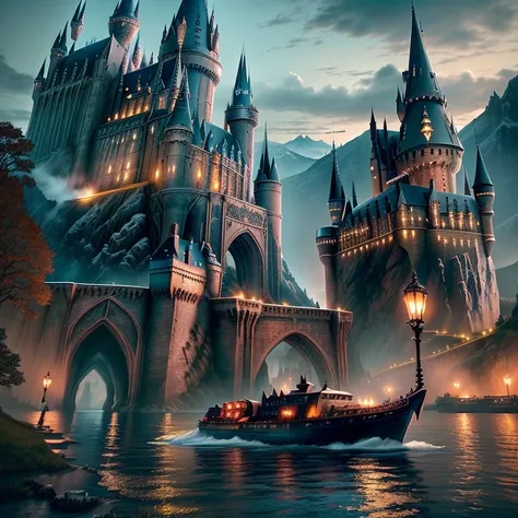 hogwart castle in the middle of a river with a boat in front of it, hogwarts setting, background hogwarts, hogwarts style, hogwarts, hogwarts castle, harry potter series setting, in hogwarts, hogwarts 2 0 7 7, beautiful castle, magical castle, epic castle ...