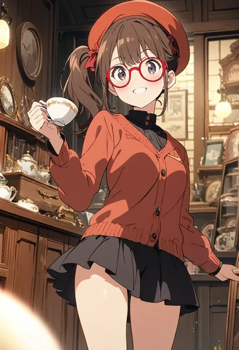 1girl,, brown hair,black eyes, ((red round eyewear)), side ponytail,smile, blushful, (beret), mini skirt, zettai ryouiki,

BREAK
 antique store, holding tea cup,

BREAK
((best quality, high resolution)), (delicate illustration), (pastelcolor style illustra...