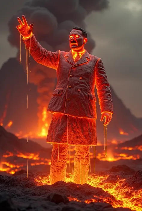 Hitler made of lava doing the Hitler salute, with lakes and volcanoes in the background