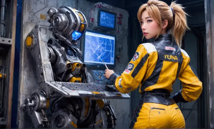 cute yuna (sexy technician outfit with frayed edges and many holes, grease smudges) is studying a mechs technical readouts on a wall (architectural design of mech), mech bay, focus on schematic
