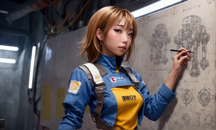 cute yuna (sexy technician outfit with frayed edges and many holes, grease smudges) is studying a mech's technical readouts on a...