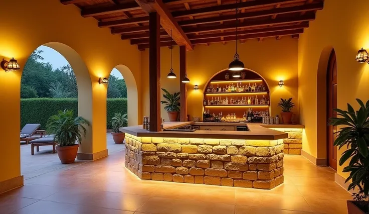 Space: This is a Mediterranean style villa with characteristic architectural elements such as curved arches., Terracotta floor tiles, sunny yellow wall, and natural wood for roofs and ceilings.
light: light vàng ấm áp được sử dụng trong khu vực, create a s...