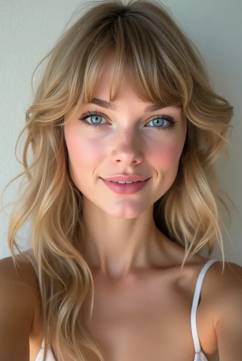 selfie of a 1 girl. Taylor swift, She has natural makeup, blue sexy eyes, small perfect nose, teenage face, natural plump lips, wavy long hair, bright hair, bangs, elegant hairstyle, fluffy headphones. No background, natural light, ultrarealistic, texture ...