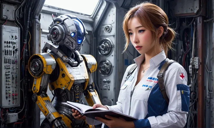 cute yuna (sexy technician outfit with frayed edges and many holes, grease smudges) is studying a mechs technical readouts on a wall (architectural design of mech), mech bay, focus on schematic
