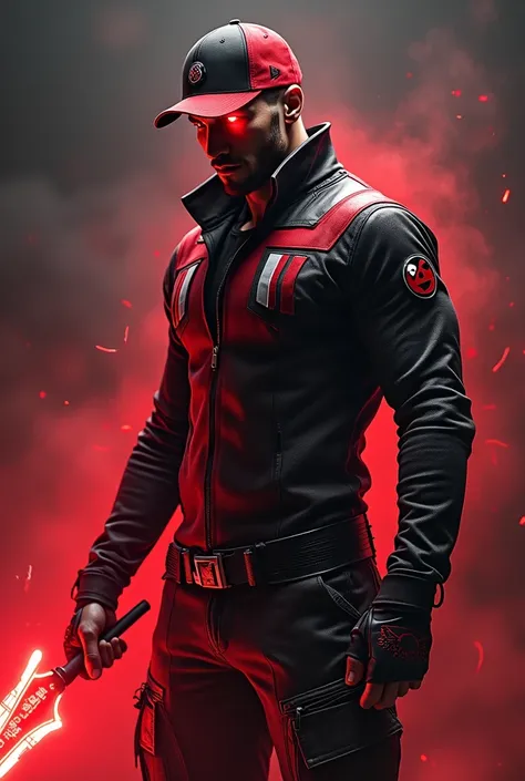 Realistic , masterpiece . Real human.  ((Glowing Red eye))A man wear ((red black)) cap. Thunder logo . ((Red black, white stripe )) High tech modern design shirt)). ((Black red )) Thunder design kargo pant)).holding thunder blade glowing red. Bad smile. Re...