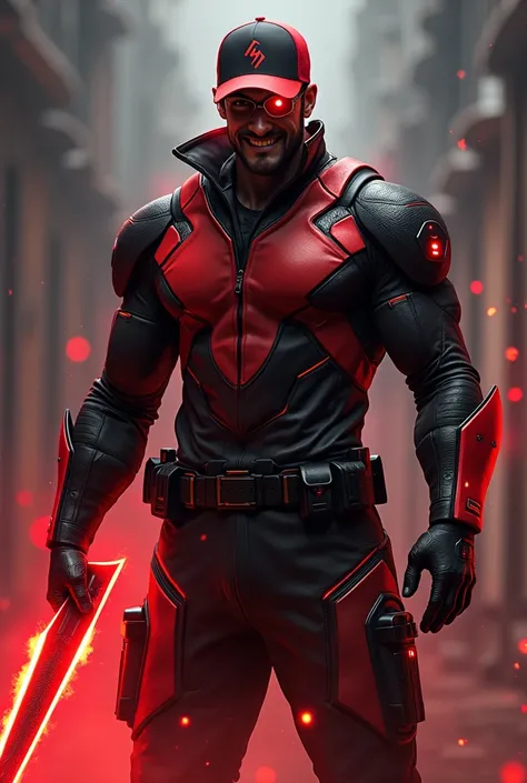 Realistic , masterpiece . Real human.  ((Glowing Red eye))A man wear ((red black)) cap. Thunder logo . ((Red black, white stripe )) High tech modern design shirt)). ((Black red )) Thunder design kargo pant)).holding thunder blade glowing red. Bad smile. Re...