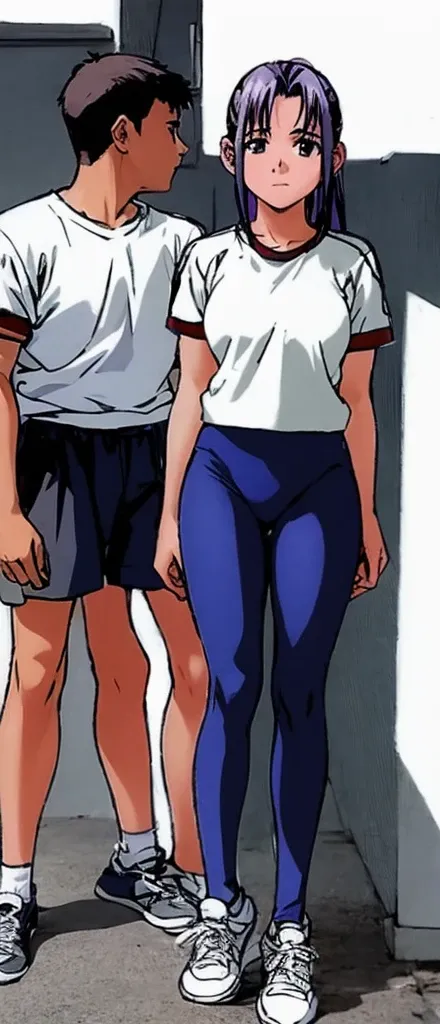 Momoko, dressed in gym clothes, is standing with a young boy dressed in casual clothes.。