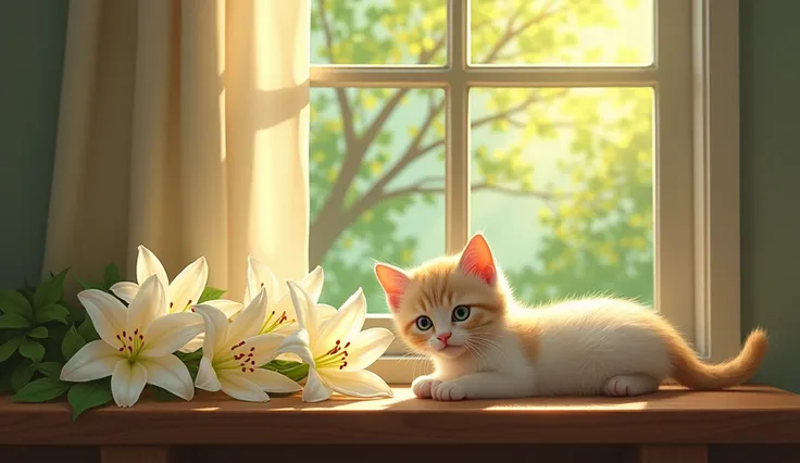 Still life of white lilies and kitten on table under window with sunlight coming in through tree canopy