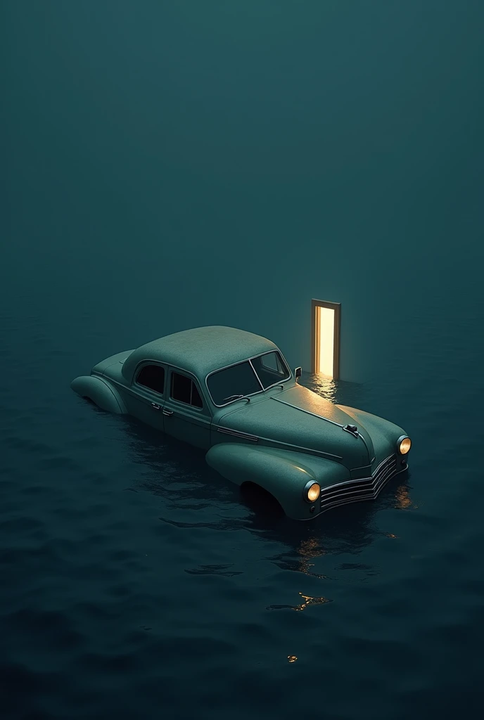 A dark blue background where the sea can be seen, In the middle there is an open and illuminated door and next to it an old car, but those old thin ones, not the chubby ones., and it is sinking. And the image is square size.