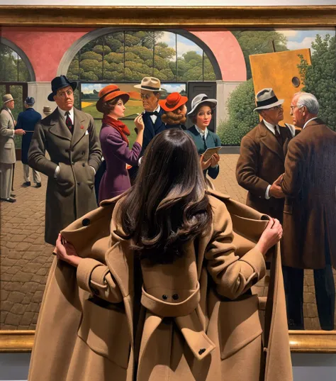 painting of a woman in a coat looking at a painting, inspired by John Philip Falter, illusion painting hidden image, by John Philip Falter, an epic painting of an artist, inspired by Mort Künstler, by Andrzej Wróblewski, in style of old painting, fine art ...