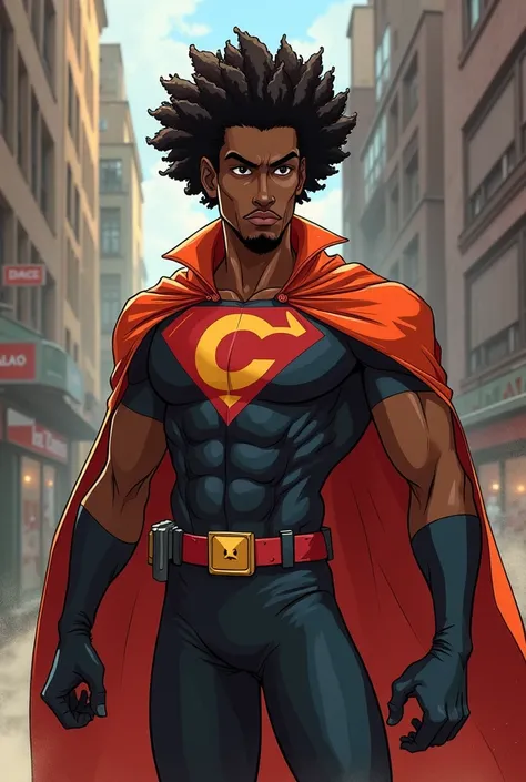 Make a dark-skinned superhero with curly, almost afro hair who is a man and is animated in 2D. Don&#39;t make him muscular and make his symbol a g