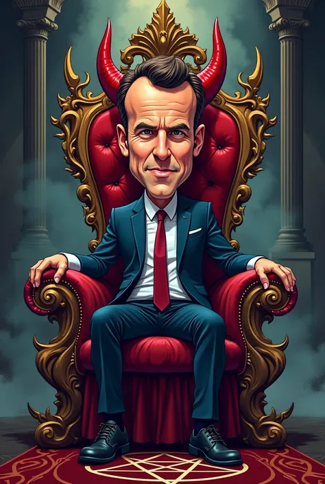 Caricature style cartoon Emmanuel Macron avec des cornes de diable, assi sur une chaise démoniaque, décoration satanique 