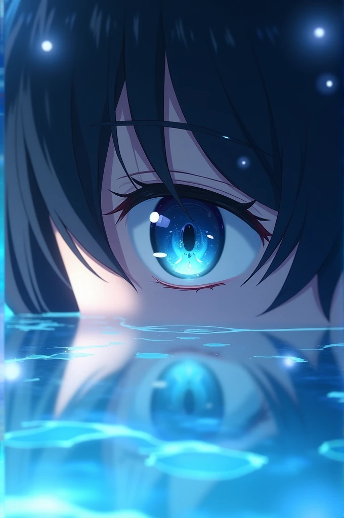 Anime-like male eye inside a blue mirror