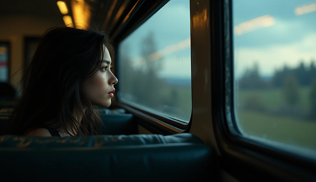 A woman staring pensively out the train window　Side angle