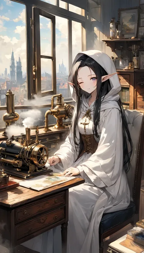 Impressionism。paints。oil。Painterly。Western Office。Steam engine。Brass piping。White hood。White Robe。Black long hair。forehead。Eyes closed。Elf Ears。White skin。Sitting at an antique desk。A Western cityscape can be seen from the large window behind。