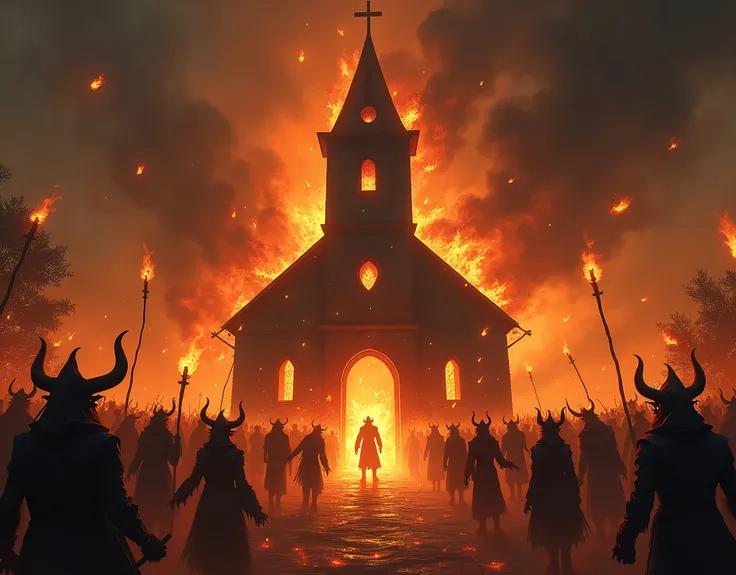 a church.  Set on fire Surrounded by demons with torches enjoying themselves. the moment of lust