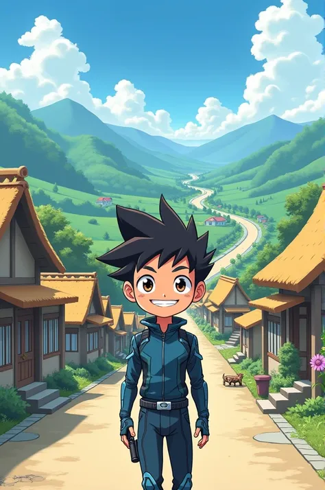 Give Me Image Of Ai  teenage Cartoon BOY  Village Horizontally Background HD Quality