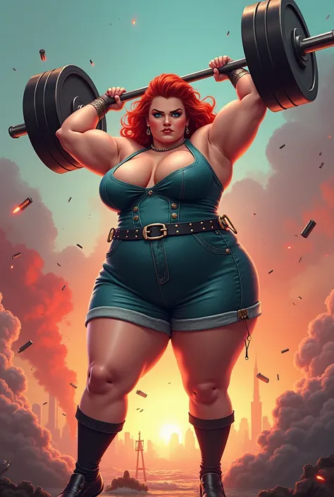 1950s Pinup, Beautiful overweight punk woman, reaching, Raised arm, huge muscular BBW by pink blue multicolor, blue eyes lifting heavy 5 barbell.000 kilos above his head, socks, garter, thick thighs, skater dress, studded belt, grabbing can, chubby ass, si...