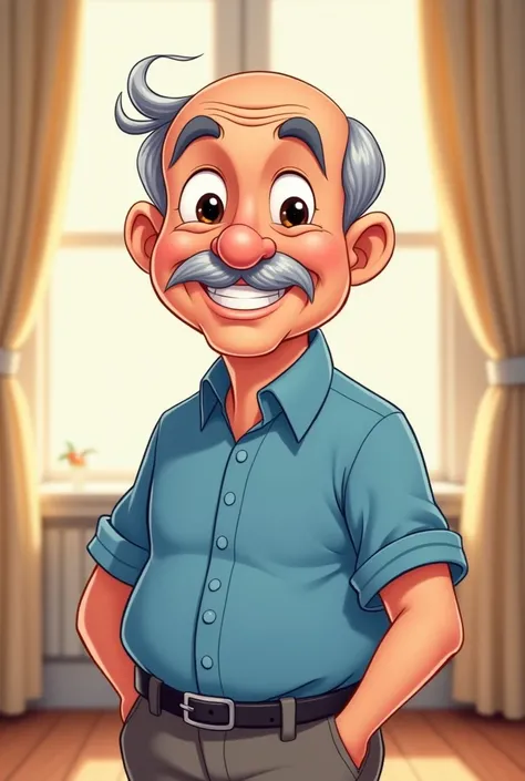 Draw a middle-aged male character, inspired by the classic Disney cartoon style. He should have a friendly, welcoming appearance, with large, expressive eyes, arched eyebrows, and a soft smile. Its head is slightly larger than its body, typical of Disney c...