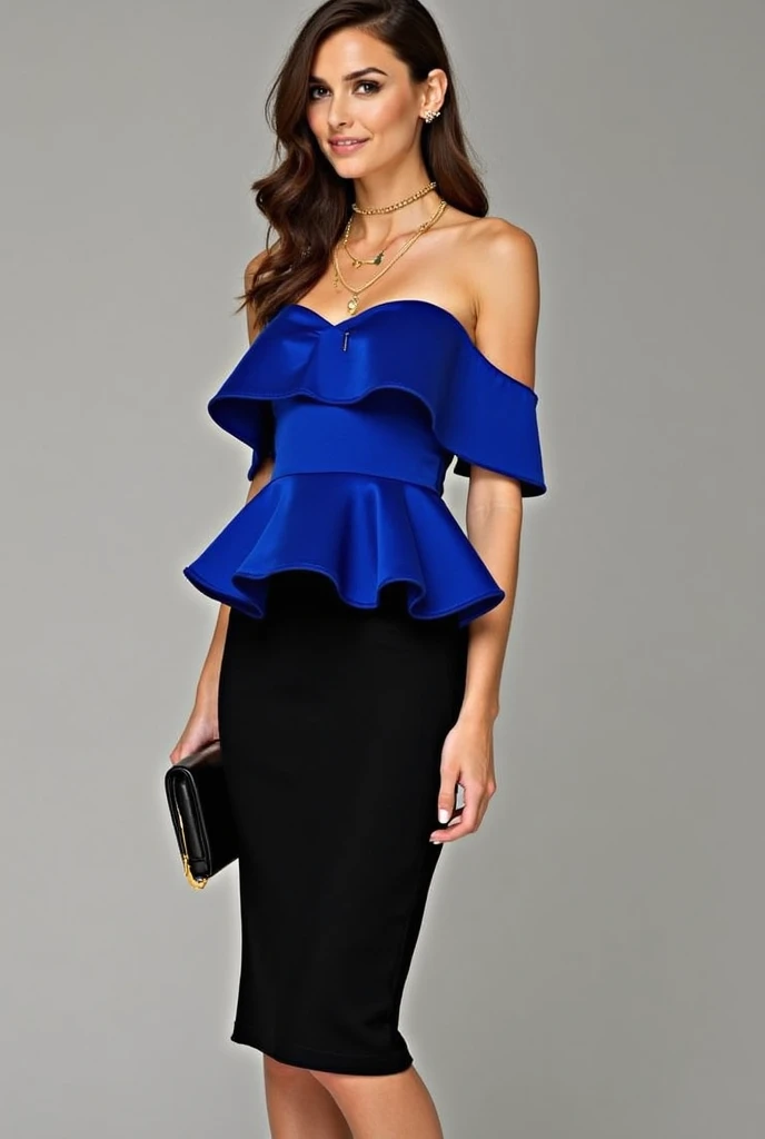 Imagine a stunning royal blue off-shoulder peplum top that beautifully accentuates the shoulders and highlights the waist. Paired with a black fit-and-flare midi skirt, this combination offers a striking contrast that is both elegant and playful.

Top:

St...