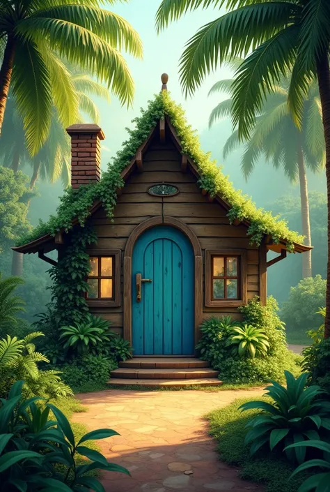 Little house with a blue door in the middle of a forest full of palm trees