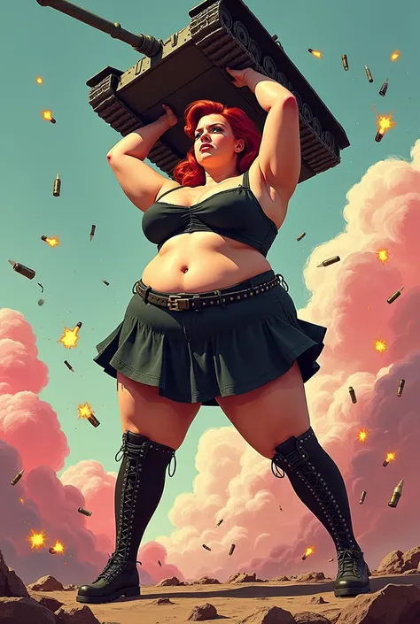 1950s Pinup, Beautiful overweight punk woman, reaching, Raised arm, huge muscular BBW by pink blue multicolor, blue eyes lifting a tank above his head, socks, garter, thick thighs, skater dress, studded belt, grabbing can, chubby ass, sideways, serious exp...