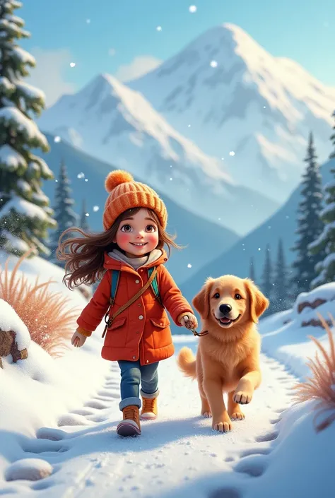 1 girl, Happy and a golden retriever,Walk on mountain trails, There was snow on the road