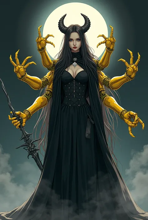 A beautiful long-haired girl with a large moon decoration on her head, wearing a full-body cloak that does not show her real arms, with six yellow mechanical arms growing out of her back, and holding a needle that is being stabbed. Demon Slayer Anime Line ...