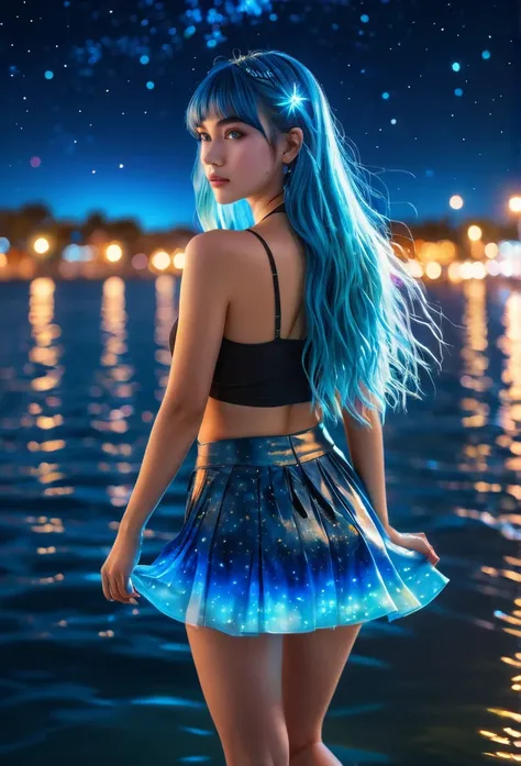 a woman gazing at the viewer, standing on water at night, long blue hair with bangs, detailed realistic portrait, 16k wallpaper,...