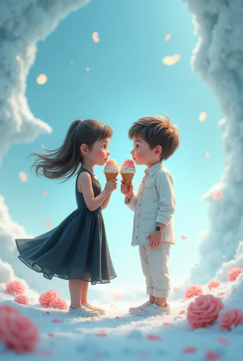 I need a template which has a background of ice cream and a boy and a girl are eating ice cream. The girl should be in black dress and the boy should be in white dress.