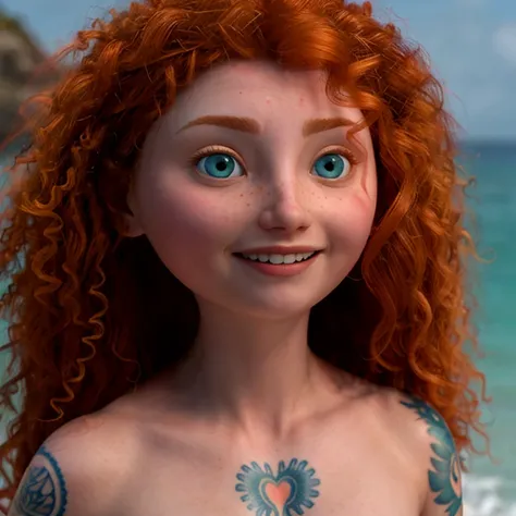 1 merida. naked and very tattooed. beach. shy smile, blue eyes, look at the viewer, high details, cute face, sensual, provocativ...