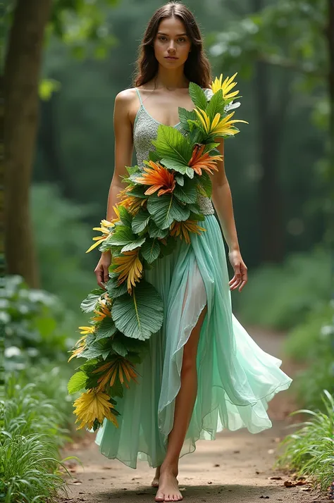 Please make a recycled skirt with plastic leaves on the top and in the bottom is a half open flowy skirt.