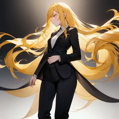 Women with long hair, Yellow hair, Black suit, Put on your pants., shut your mouth, Blurry, Thick line, Silhouette, illustration, Decorative Arts, abstract, Masterpiece, High resolution, precise, Best quality, details, detailsสูง, Seraphim,