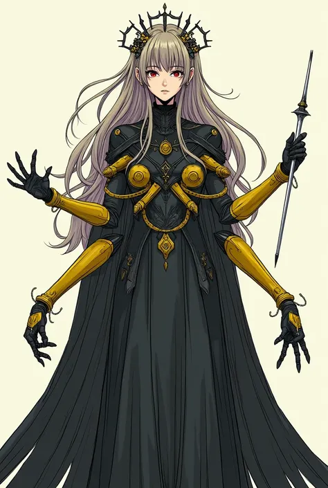 A beautiful long-haired girl with beautiful accessories on her large head, wearing a full-body cloak that doesn&#39;t show her real arms, with 6 slender, yellow, mechanical arms that look like real arms growing out of her back, and holding a needle that is...