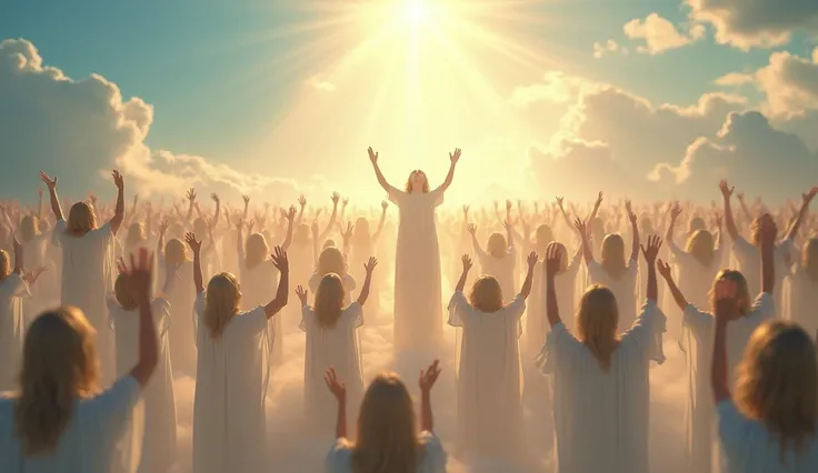 The Rapture ,Thousands of people are floating in the air,Standing on the clouds, Thousands of people are dressed in white, Raise your hands and sing hymns to praise God. The scenes are magnificent and surreal. (Best Quality, 4k, 8K, high resolucion, Master...