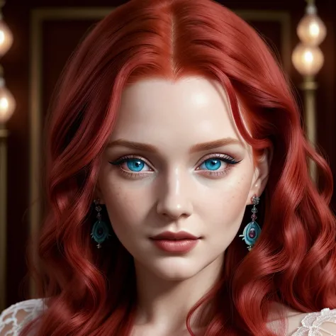 close up shot of an English woman with long wavy bright red hair posing with a red rose, photoshopped image, bright, HD, detailed outfit, professional photography, small earrings, unique fantasy style, makeup, cool effects, digital painting, digital art, d...